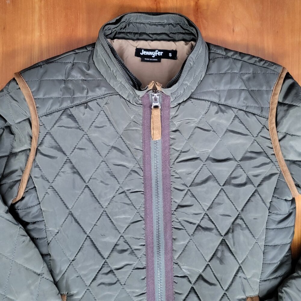 Jennyfer Women's Quilted Army Green Jacket Camel Piping - S - Picture 6 of 15